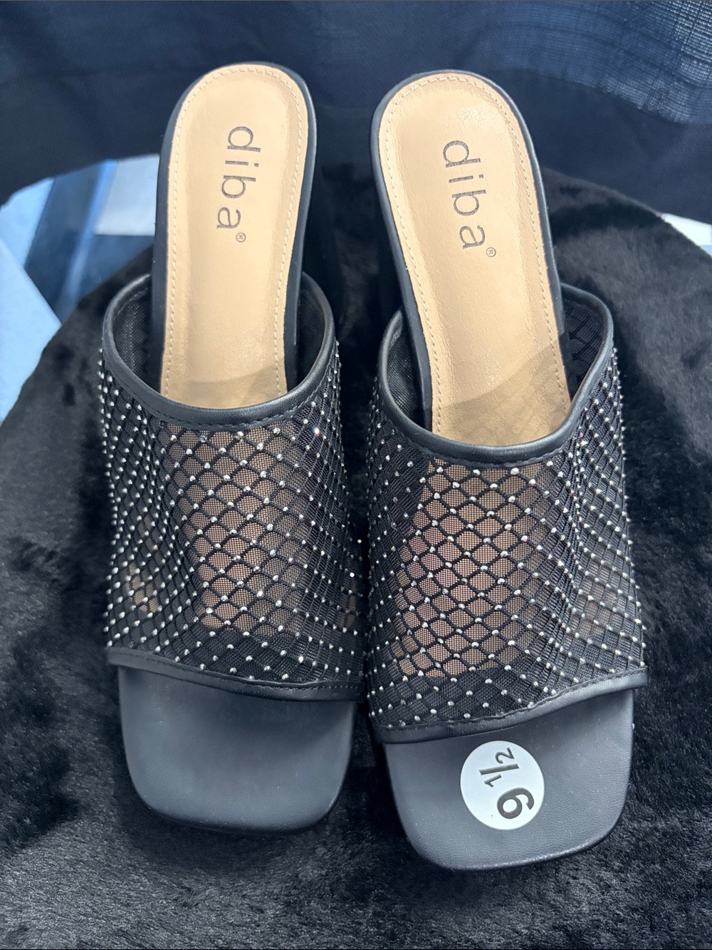 Diba Black Mesh Slide Mules with Rhinestone Mesh